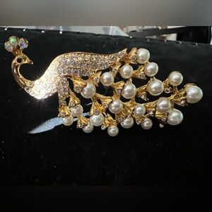 Rhinestone and Faux Pearl Peacock Brooch